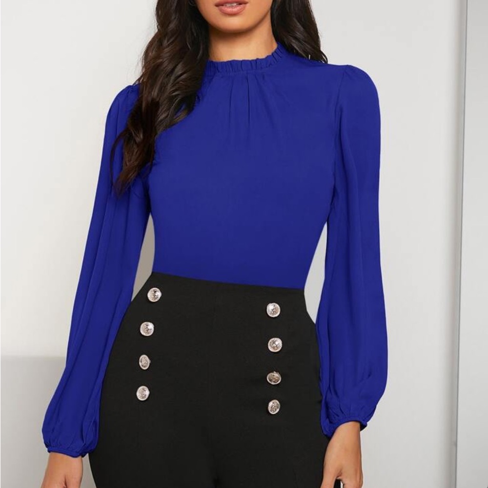 Elegant Royal Blue Frill Neck Bishop Sleeve Top